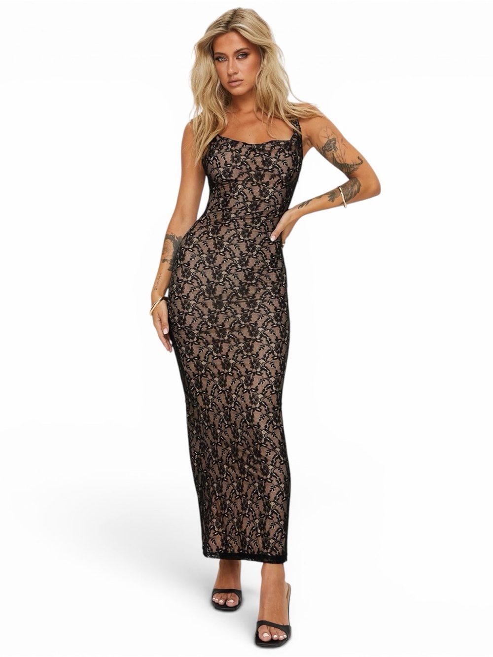 PRINCESS POLLY ✘ Romani Lace Cowl Maxi Dress Black Sheer Bodycon Evening Gown, 0 - Picture 7 of 9